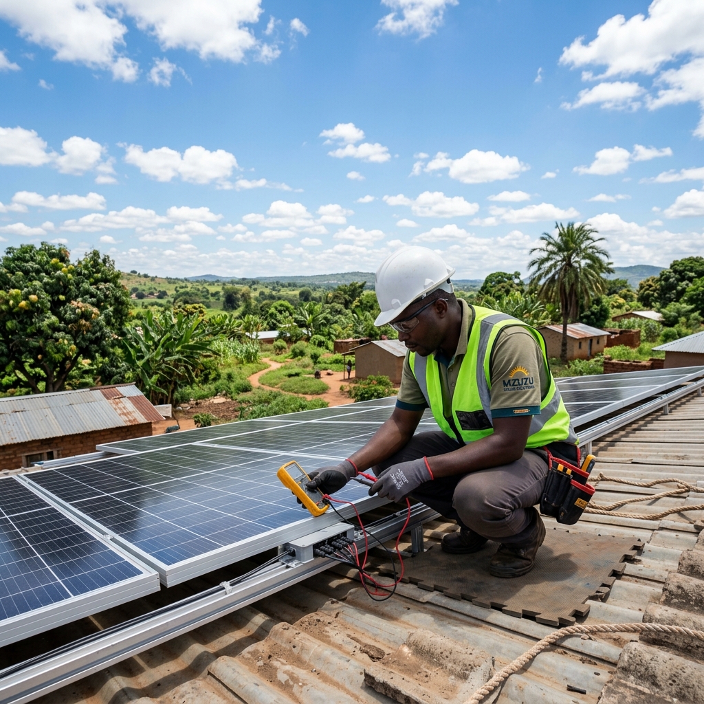 Professional Malawian solar technician inspecting a modern residential solar installation